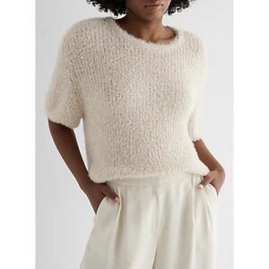 Express Size M Tan  Faux Fur Sequin Crew Neck Short Puff Sleeve Sweater Boxi